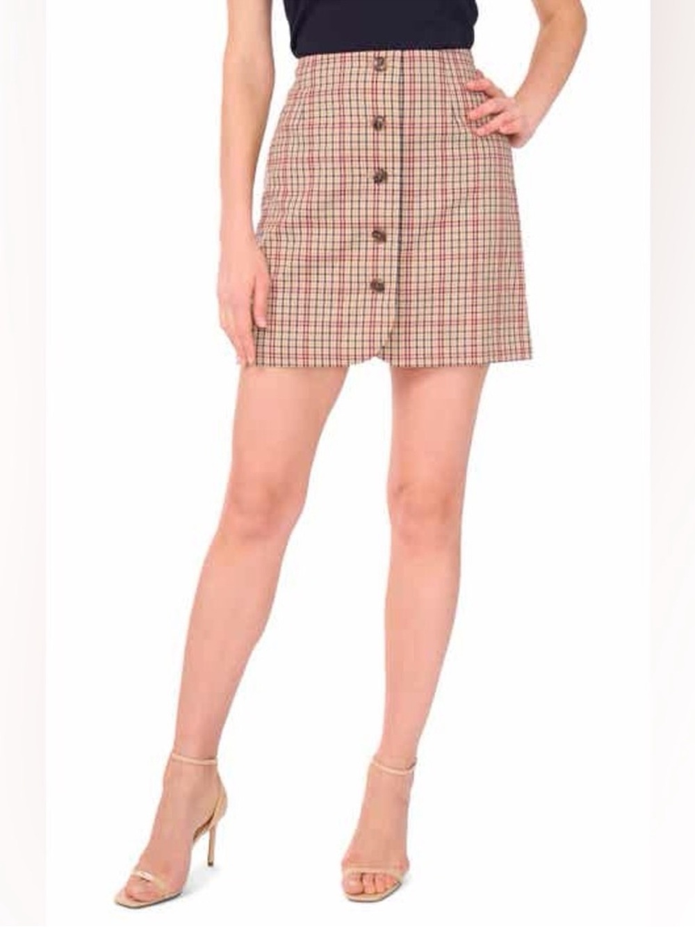 1. State Beige Plaid Button-Front Mini Skirt with Red & Navy Checks NWOT